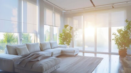 A large, white sectional sofa sits in a modern living room. The room is filled with natural light, streaming in through large windows with white blinds. A green plant sits in a pot on the floor, addin