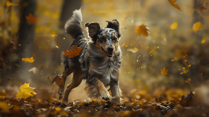 A spotted dog runs through a forest floor covered in falling autumn leaves.

