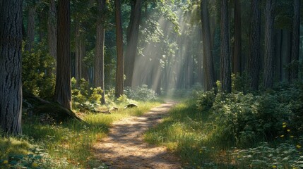 Obraz premium Sun-Dappled Forest Trail: A Serene Escape in Nature