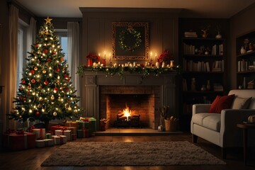 Interior Christmas. Christmas room, fireplace with fire and Christmas tree with decorations in...