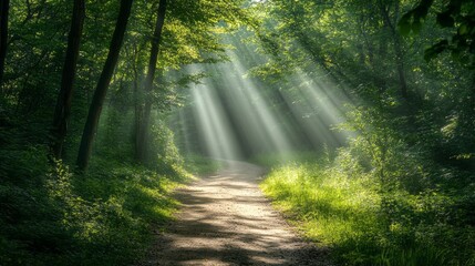 Obraz premium Sun-Dappled Serenity: Peaceful Forest Trail Hike
