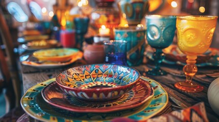 A close-up shot of a rustic wooden tabletop with a set of vibrant hand-painted dinnerware. A bowl and plate, decorated with intricate patterns and bright colors, are the focal point. Other colorful pl