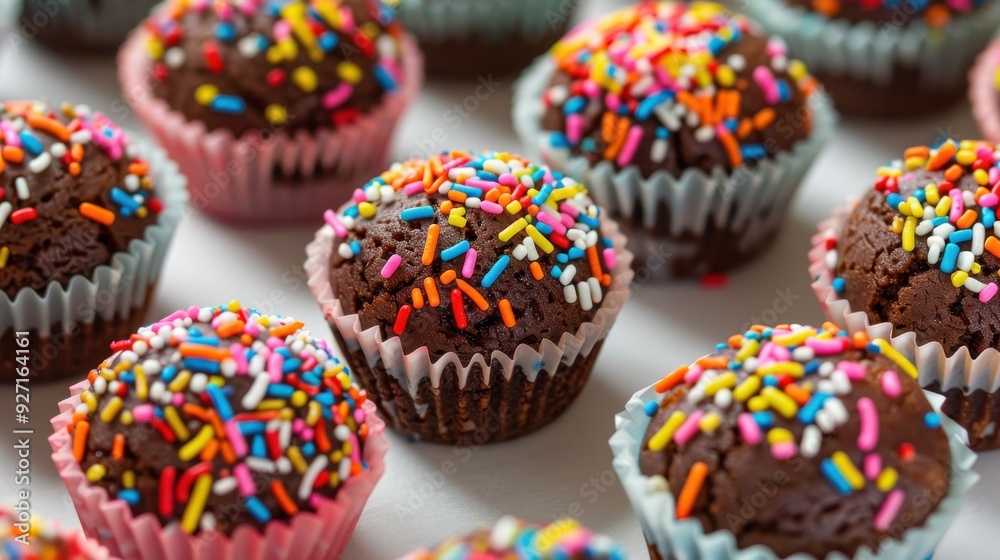 Aufkleber a close up shot of several small, chocolate brownie cupcakes topped with colorful sprinkles. the cup