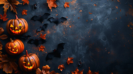 Halloween autumn banner. wooden background, leaves and pumpkins	
