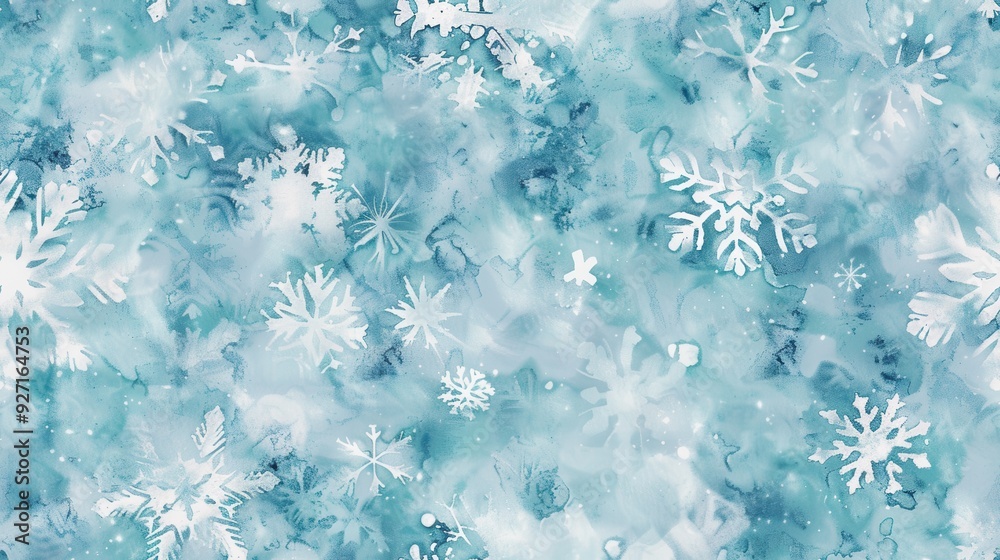 Poster this image is a vibrant, abstract watercolor painting of snowflakes on a blue background. the snowfl