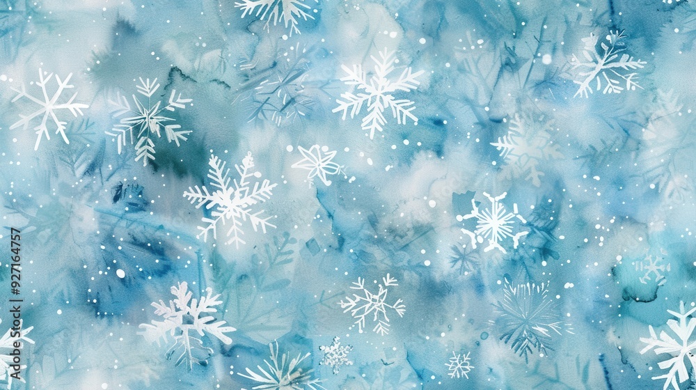 Poster a watercolor painting depicting a winter scene. the background is a light blue color with hints of w