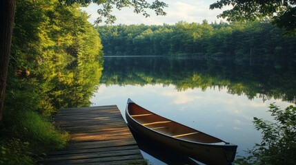 Fototapeta premium Serene Lakeside Escape: Dock, Canoe, and Tranquil Reflections