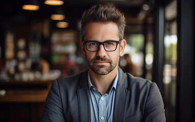 Fototapeta premium A man wearing glasses and a suit is sitting at a table in a restaurant. He is looking directly at the camera