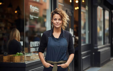Fototapeta premium A woman in a blue apron stands in front of a store window. She is smiling and she is happy