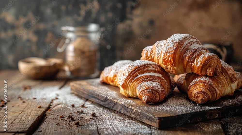Aufkleber a close-up shot of four freshly baked croissants on a wooden cutting board. the croissants are cover