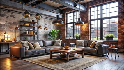Industrial Family Living Room: edgy, urban, exposed brick, metal accents, statement lighting, deep hues