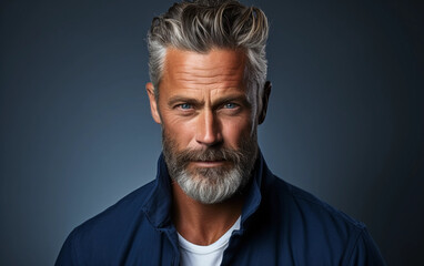 Obraz premium A man with a beard and gray hair is wearing a blue shirt and white shirt. He is looking at the camera with a smile on his face