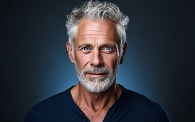 Fototapeta premium A man with a beard and gray hair is smiling at the camera. He is wearing a blue shirt and a black vest