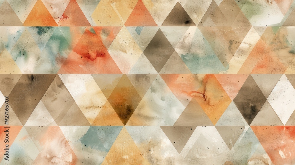 Aufkleber The image features an abstract pattern of overlapping triangles in shades of brown, beige, orange, and blue. The triangles are created using watercolor paint, giving them a textured and slightly blurr