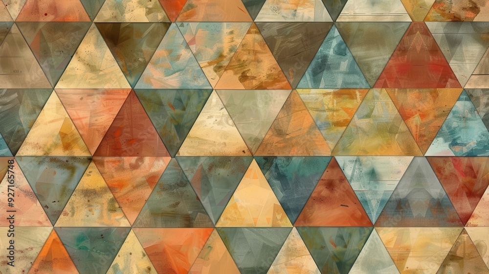 Poster A repeating pattern of abstract watercolor triangles in shades of brown, orange, yellow, blue, and green. The triangles are arranged in a grid pattern, creating a visually interesting and dynamic desi