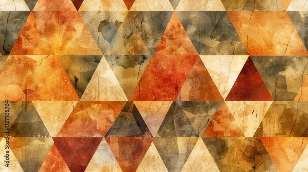 Poster A seamless pattern of various-sized triangles arranged in rows. The triangles are painted in muted shades of brown, orange, beige, and gray, creating a warm, earthy feel. The background has a textured
