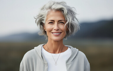 A woman with gray hair is smiling and wearing a gray sweater and white shirt. She is wearing a necklace and has a necklace hanging from her neck