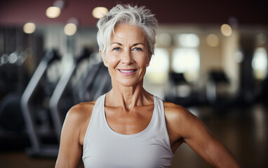 Obraz premium A woman in a tank top is smiling and posing for a photo in a gym. Concept of positivity and confidence, as the woman is enjoying her workout and is proud of her appearance