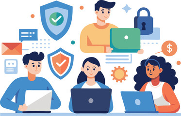 Team members engage in cybersecurity activities using laptops in a collaborative workspace.