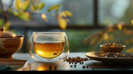 The image features a double-walled glass filled with hot tea placed on a table. Also in focus is a container with tea leaves. The background shows blurred green plants and natural lighting