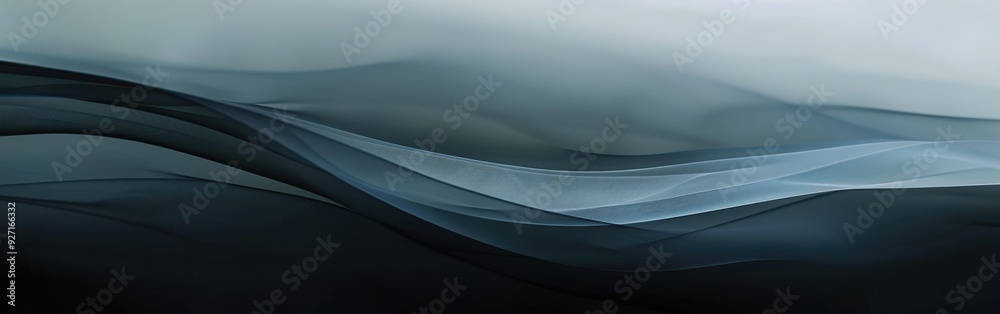Poster A digital art piece featuring a series of blue and black wavy lines creating an abstract landscape. The lines are translucent and overlapping, creating a sense of depth and movement. The background is