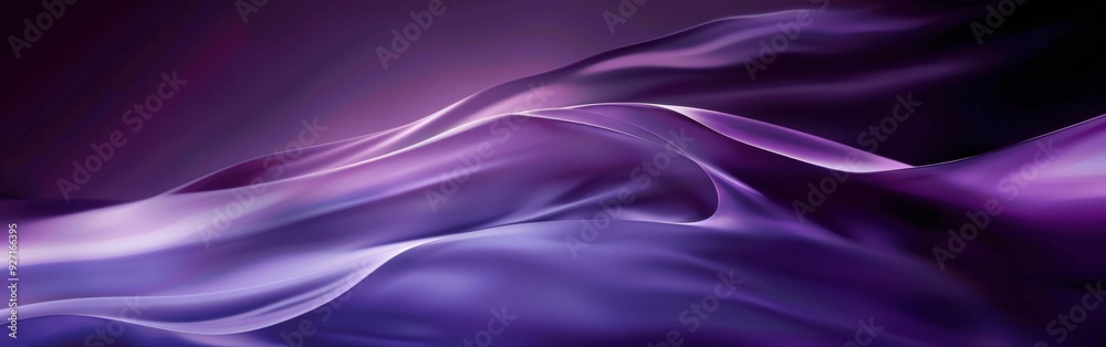 Poster Purple fabric waves and undulates in soft light, creating an abstract and textural background. The image focuses on the fabric's flowing movement and the interplay of light and shadow.