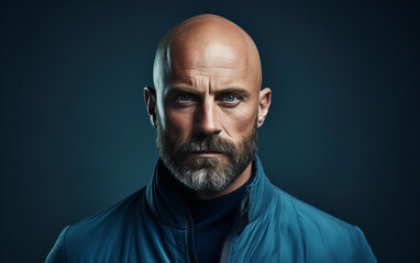 Obraz premium A man with a beard and a bald head is wearing a blue jacket. He has a serious expression on his face