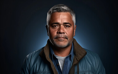 Fototapeta premium A man with a beard and gray hair is wearing a blue jacket and a brown vest. He is looking at the camera with a serious expression