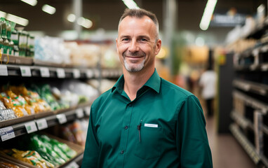 A man in a green shirt stands in a grocery store. He is smiling and he is happy