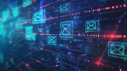 Futuristic Digital Communication Network - Abstract Background with Glowing Email Icons and Data Flow for Technology, Cybersecurity, and Digital Marketing Concepts