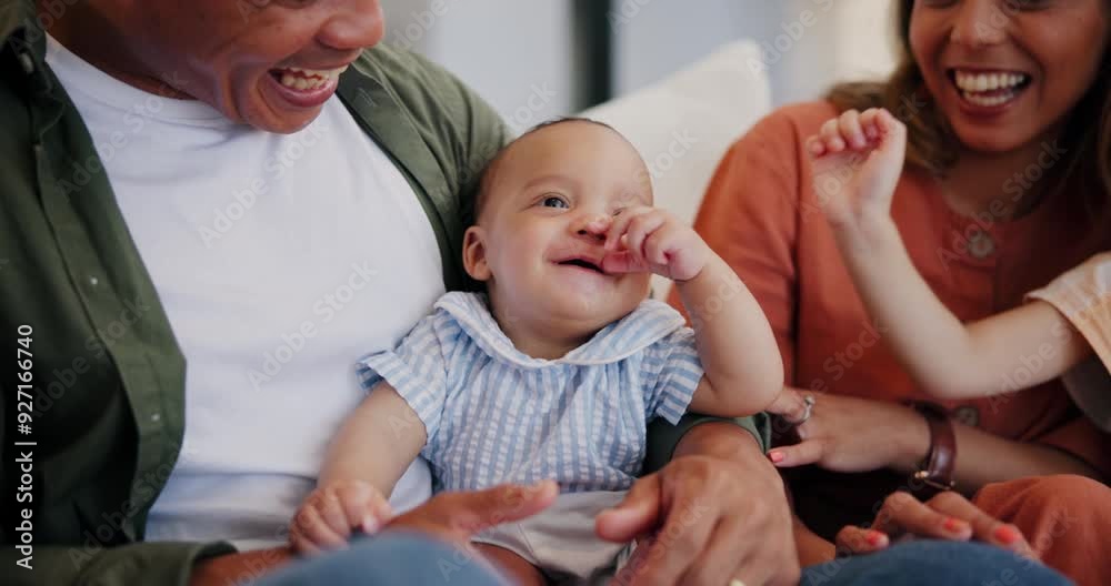 Wall mural Home, parents and baby with happiness, playing and cheerful with family, care and love in a lounge. Mother, father or infant on a sofa, fun or relax with newborn, bonding together or funny expression