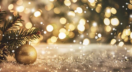 Fototapeta premium Abstract christmas and new year background with tree and decorations on blurred bokeh background.Wide view.AI Generative.