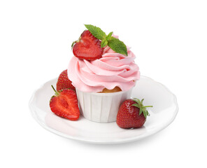 Tasty cupcake with strawberries and mint isolated on white