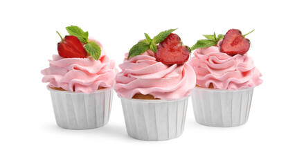 Tasty cupcakes with strawberries and mint isolated on white