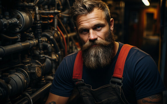 A man with a beard and red suspenders is standing in front of a machine. He looks serious and focused