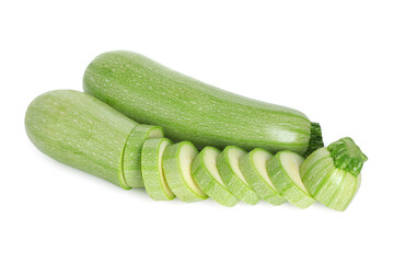 Fresh whole and cut zucchinis isolated on white, above view