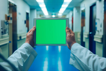 Doctor using a green screen tablet in a hospital corridor.