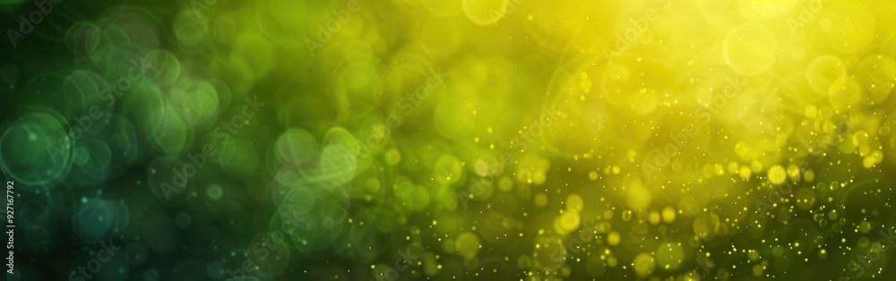 Leinwandbilder A blurred, abstract background with a gradient of green and yellow. The image is composed of many small circles, or bokeh, of varying sizes and shades. The left side of the image is darker green, whil