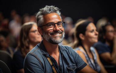 Fototapeta premium A man with glasses is smiling at the camera. He is surrounded by a crowd of people, some of whom are also smiling. Scene is happy and friendly, as the man is enjoying himself and the company of others