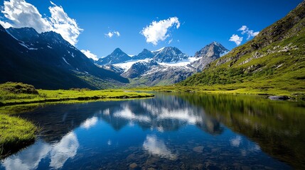 Fototapeta premium Breathtaking mountain landscape reflecting perfectly in a serene lake under a clear blue sky with fluffy white clouds.