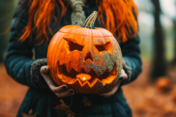 Spooky theme Halloween Concept photo. Pumpkins and witches.