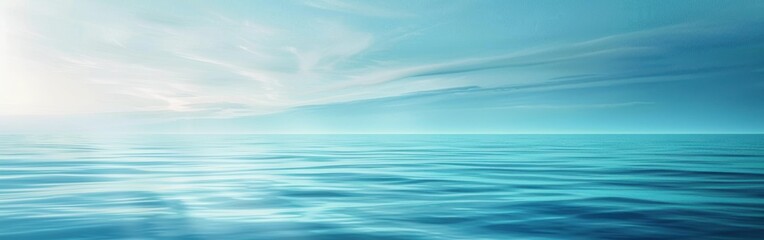 Fototapeta premium A view of the ocean with rippling blue water under a clear blue sky with some white clouds. The sun shines brightly from behind the clouds and reflects off the surface of the water, creating a glisten