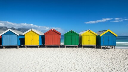 Vibrant Beach Huts Line Sandy Shore: A Picturesque View