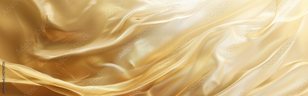 Poster a close-up image of a soft, golden silk fabric draped and wrinkled. the fabric is illuminated by a s