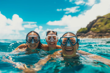 Naklejka premium Medium shot portrait of smiling family on snorkeling tour in tropical ocean while on vacation