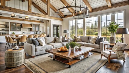 Fototapeta premium Modern Farmhouse Family Room: rustic, chic, open-concept, natural materials, cozy textiles, muted tones