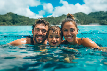 Medium shot portrait of smiling family on snorkeling tour in tropical ocean while on vacation