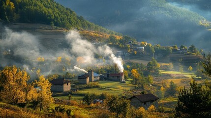 Fototapeta premium Charming Hilltop Village with Smoke Rising from Chimneys: A Breathtaking View 1