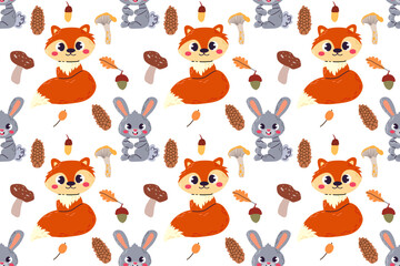 Seamless pattern of cute woodland animals with autumn cozy elements . Forest wild animals in flat cartoon style isolate on white for paper and textile design.