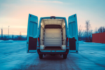 Rear doors of a white van open empty truck visible